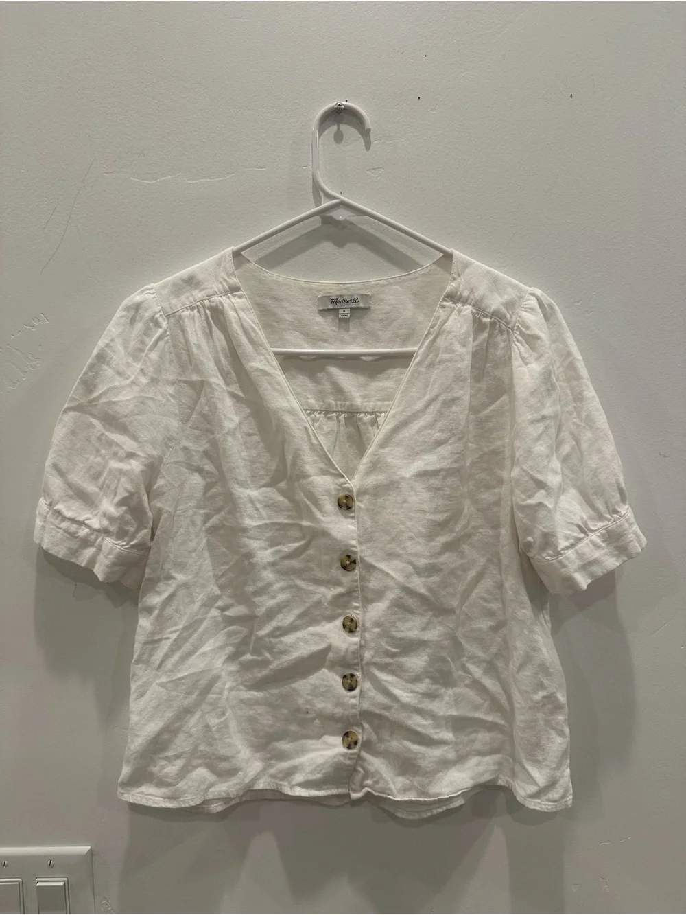 Madewell Cream Linen Button-Front Short Sleeve Blouse